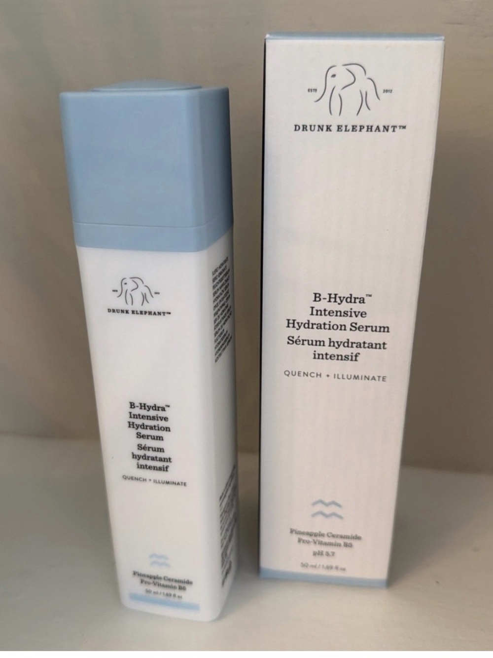 Drunk Elephant B-Hydra Serum in Pale Blue & White Packaging